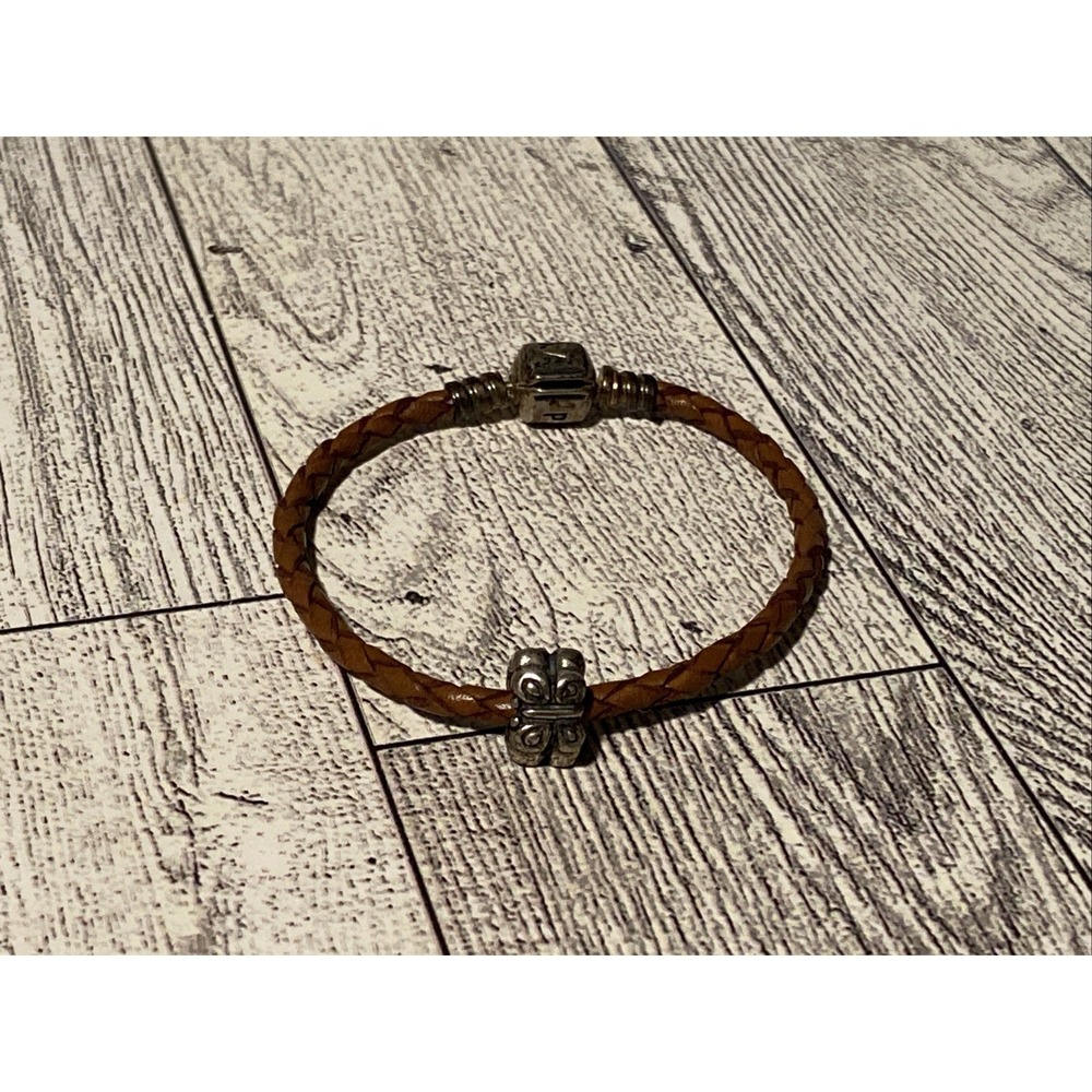 Authentic Pandora Brown Leather Slide Bracelet W/925 ALE Butterfly Charm 6.5"